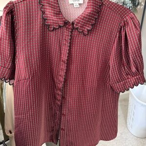 CeCe Red Plaid Scalloped Collar Button-Front Blouse